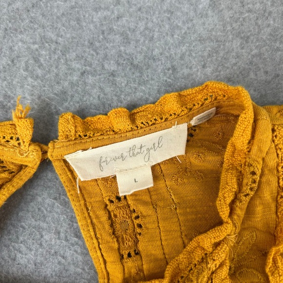 Forever That Girl Mustard Yellow Eyelet Ruffle Sleeve Top Women Size Large - Picture 9 of 13